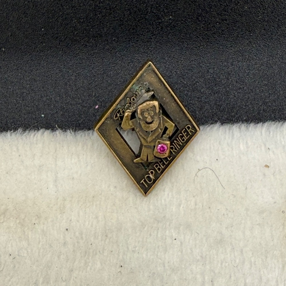 Vintage Award Pin Rainbow Top Bell Ringer Brass Rhinestone